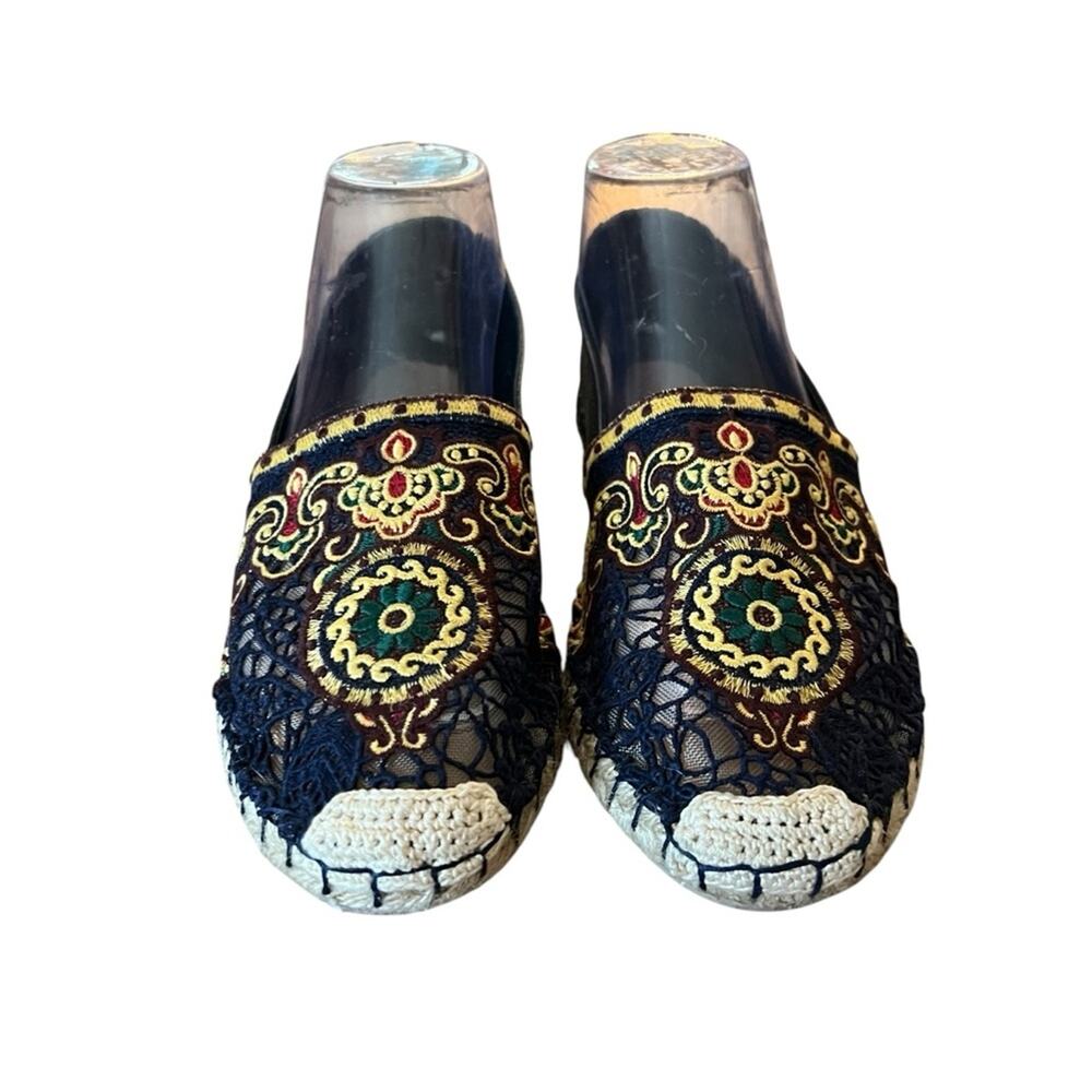 Valentino Garavani Navy Blue Leather and Floral Lace Espadrille Flats EU 38 US 8 - Picture 3 of 13